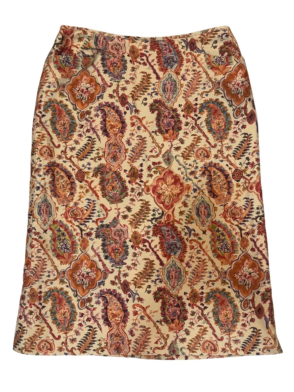 Sundance Cream Paisley Midi Silk Wool Blend Skirt with Rust and Olive Accents